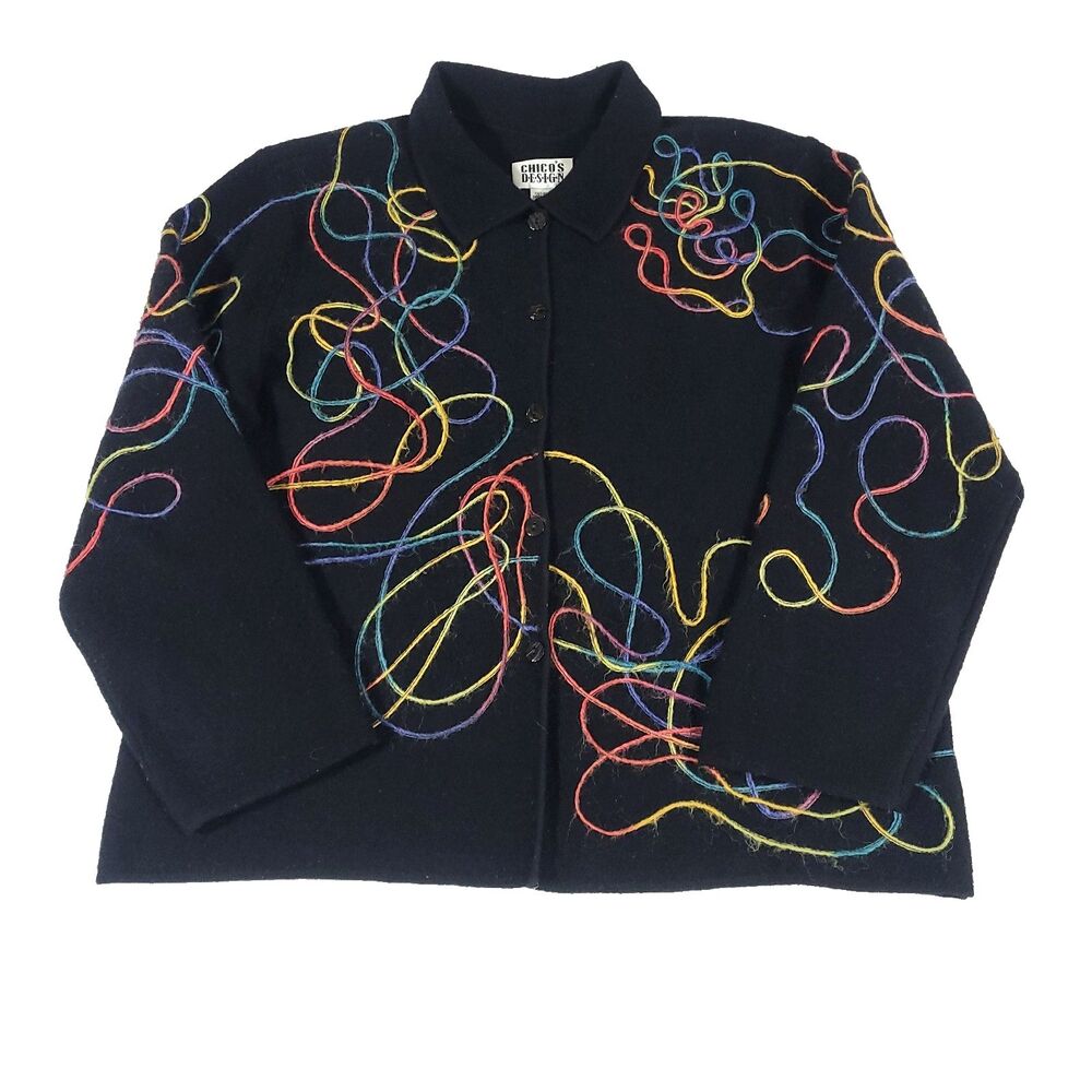 Vtg Chicos Boiled‎ Wool Cardigan Sweater 2 Black Art To Wear String swirl